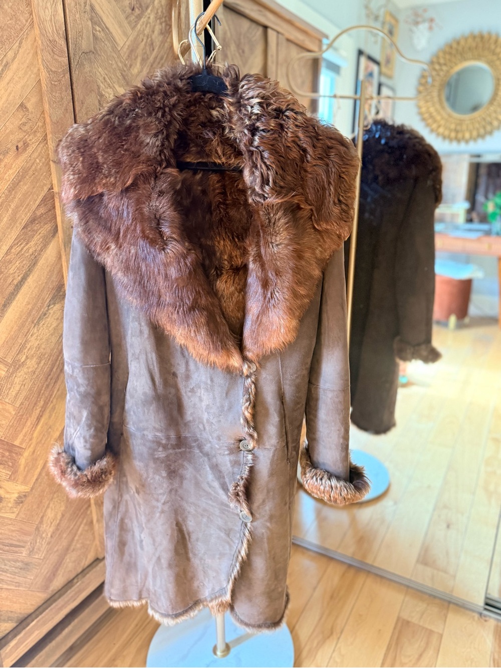 Donna Karan | Vintage Chocolate Brown Suede Coat + Faux Fur Trim | XS/S